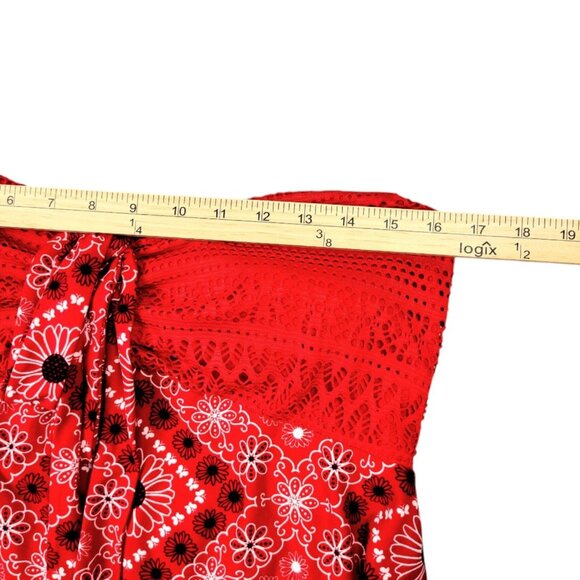 Juniors XL No Boundaries Red Crochet Trim Halter Top with Hanky Hem Smocked Back - Picture 8 of 12